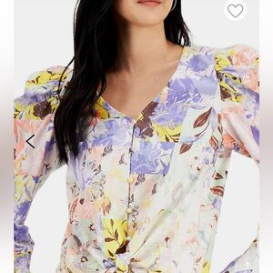 I.N.C International Concepts Linen Puff-Sleeve Tie-Hem Print Top Floral
